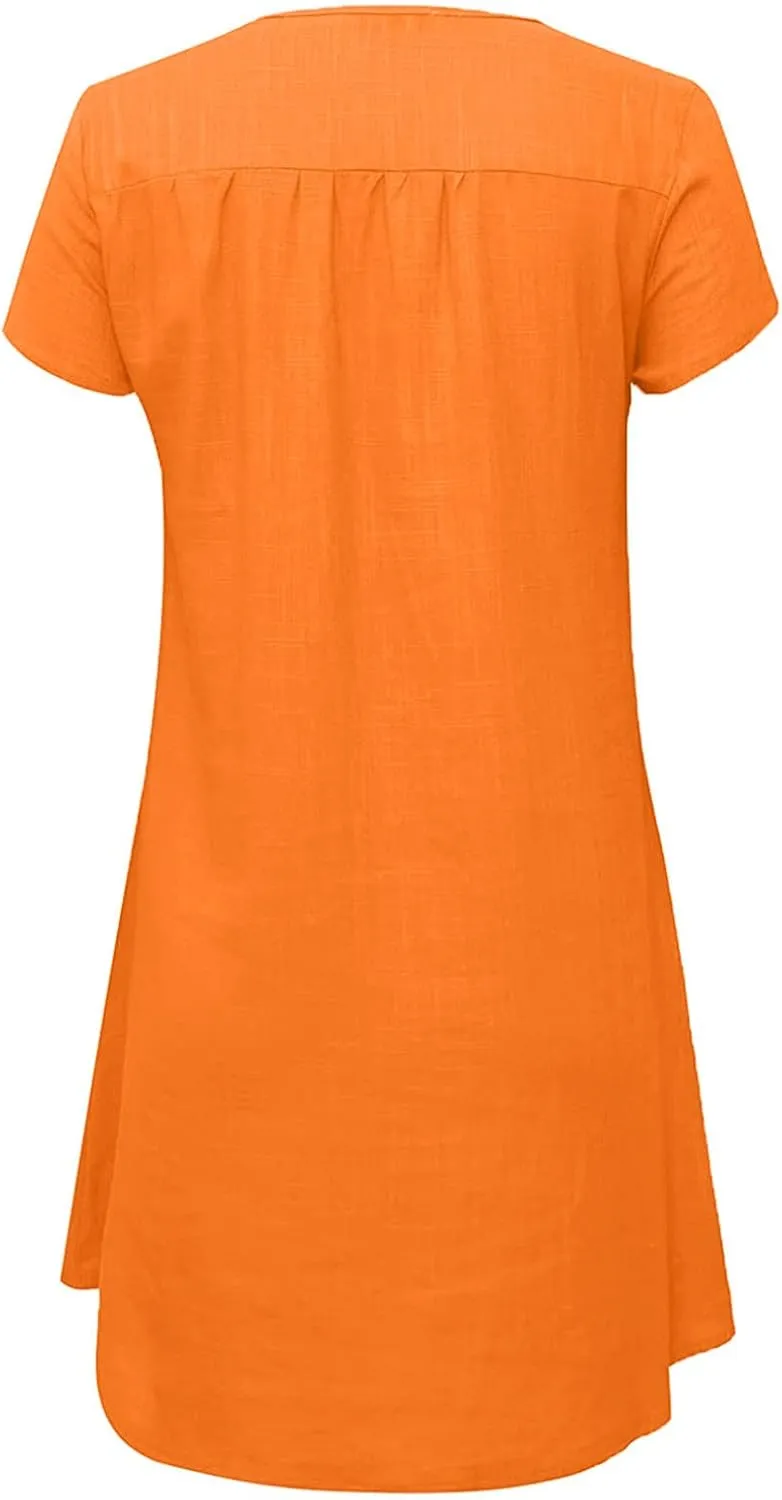 Womens Summer Cotton Linen Dresses Plus Size Casual V Neck Short Sleeve Midi Dress Floral Embroidery Shirt Dress