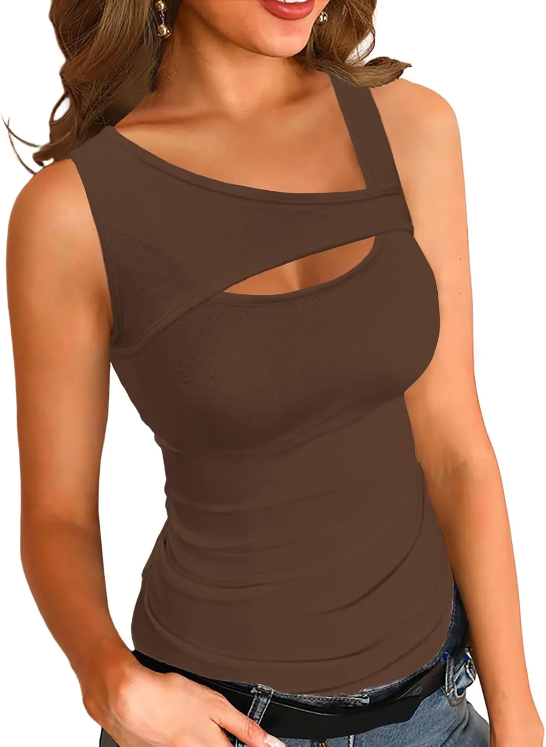 Womens Summer Tank Tops Cut Out Front Ribbed Fitted Sexy Casual Sleeveless Shirts