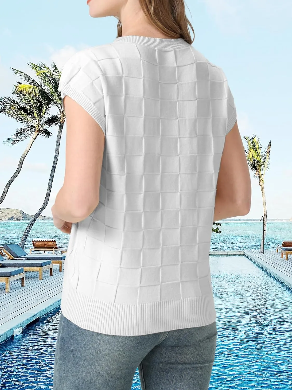 Womens Summer Trendy Shirts Tops 2025 Cap Short Sleeve Sweater Vest Crewneck Checkered Pocket Lightweight Tee Outfits