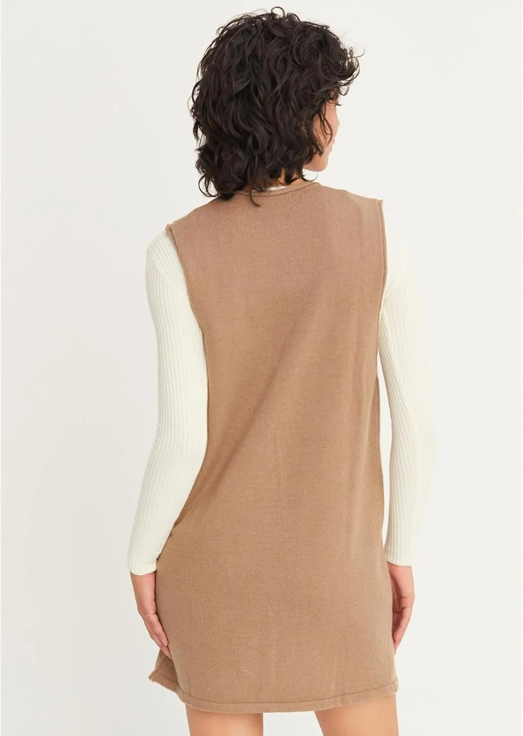 Womens Sweater Vest Dress V Neck Sleeveless Knit Pullover Pinafore Mini Dress with Pockets