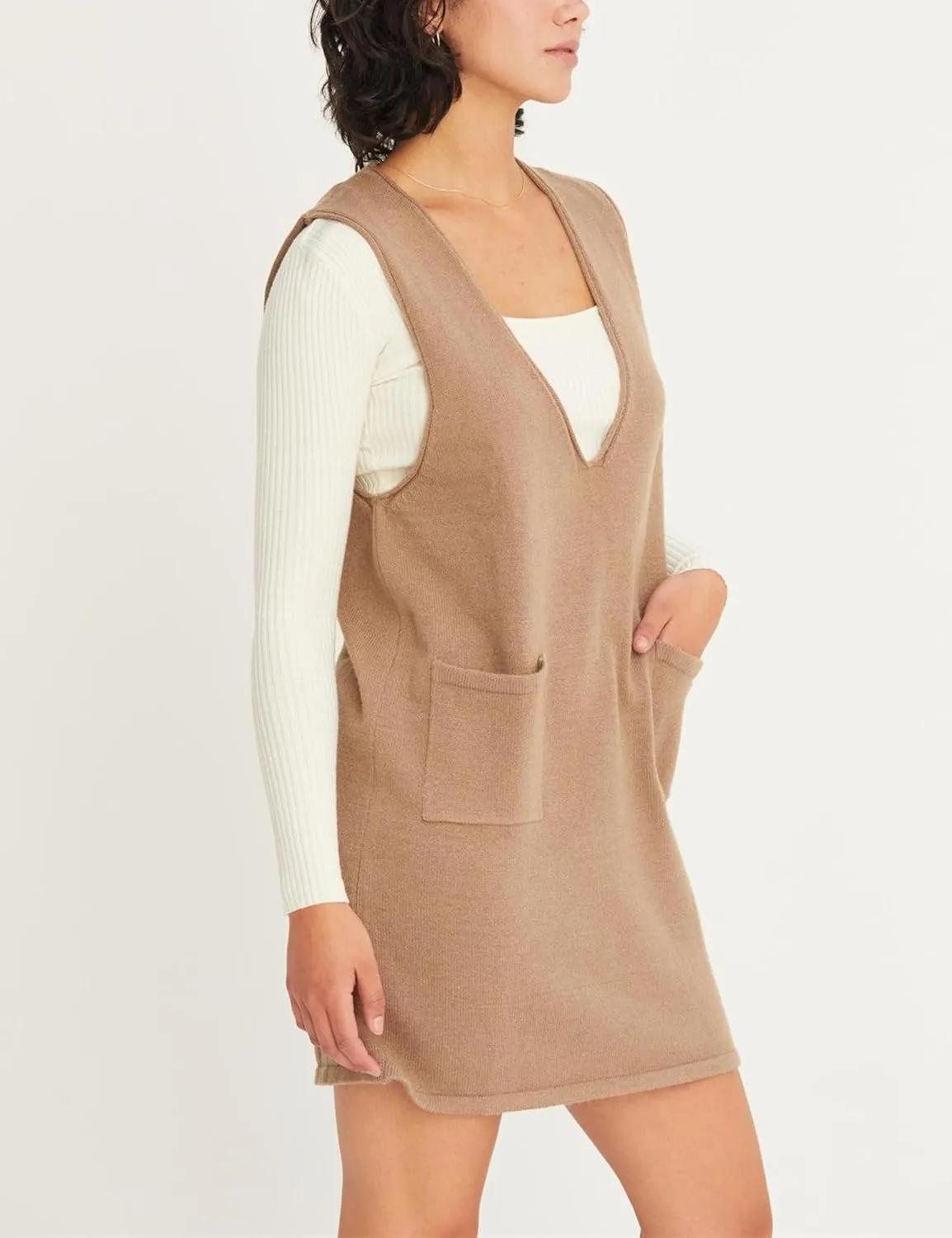 Womens Sweater Vest Dress V Neck Sleeveless Knit Pullover Pinafore Mini Dress with Pockets