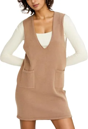 Womens Sweater Vest Dress V Neck Sleeveless Knit Pullover Pinafore Mini Dress with Pockets