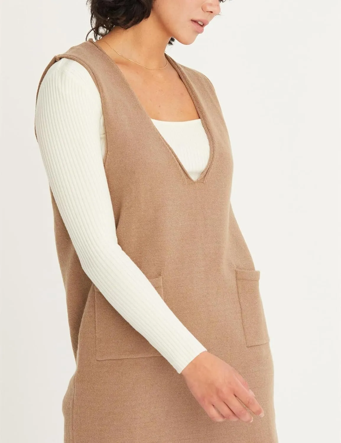 Womens Sweater Vest Dress V Neck Sleeveless Knit Pullover Pinafore Mini Dress with Pockets