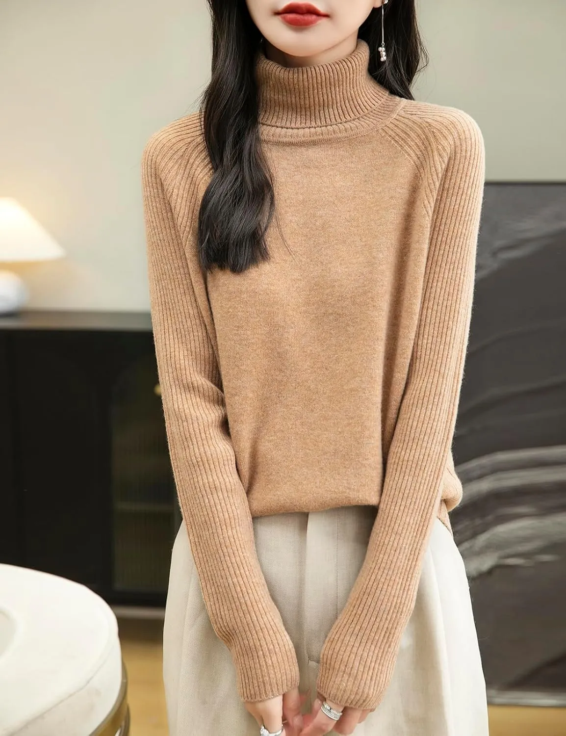 Women's Turtleneck 100% Merino Wool Sweater 2025 Fall Winter Classic Warm Soft Raglan Long Sleeve Knit Sweater
