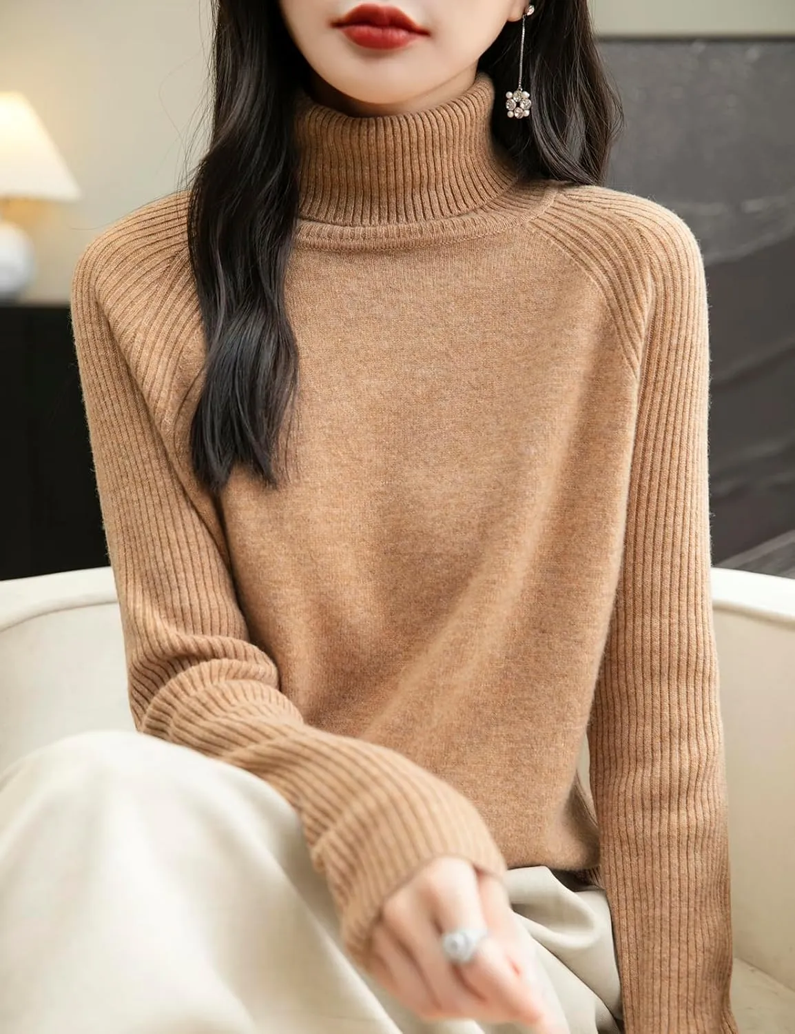 Women's Turtleneck 100% Merino Wool Sweater 2025 Fall Winter Classic Warm Soft Raglan Long Sleeve Knit Sweater