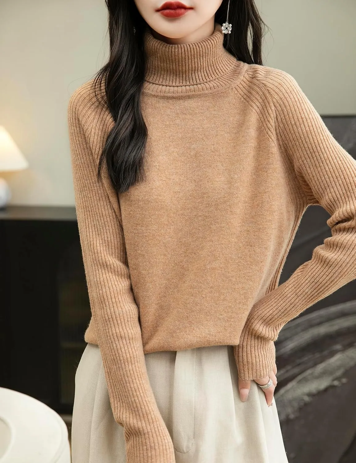 Women's Turtleneck 100% Merino Wool Sweater 2025 Fall Winter Classic Warm Soft Raglan Long Sleeve Knit Sweater