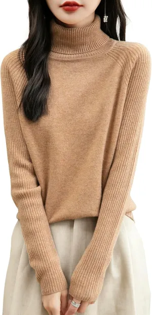 Women's Turtleneck 100% Merino Wool Sweater 2025 Fall Winter Classic Warm Soft Raglan Long Sleeve Knit Sweater