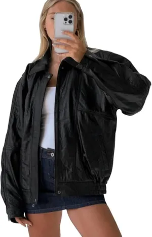 Womens Vintage 90S Genuine Leather Oversize Retro style Bomber Jacket