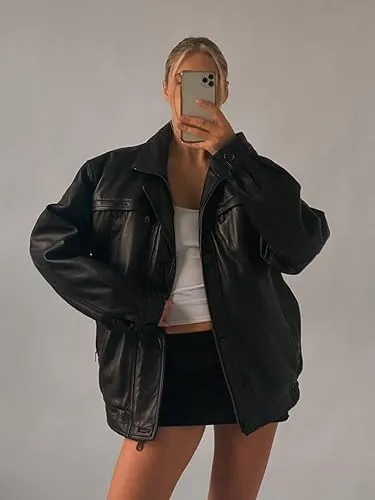 Womens Vintage 90S Genuine Leather Oversize Retro style Bomber Jacket