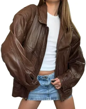 Womens Vintage 90S Genuine Leather Oversize Retro style Bomber Jacket