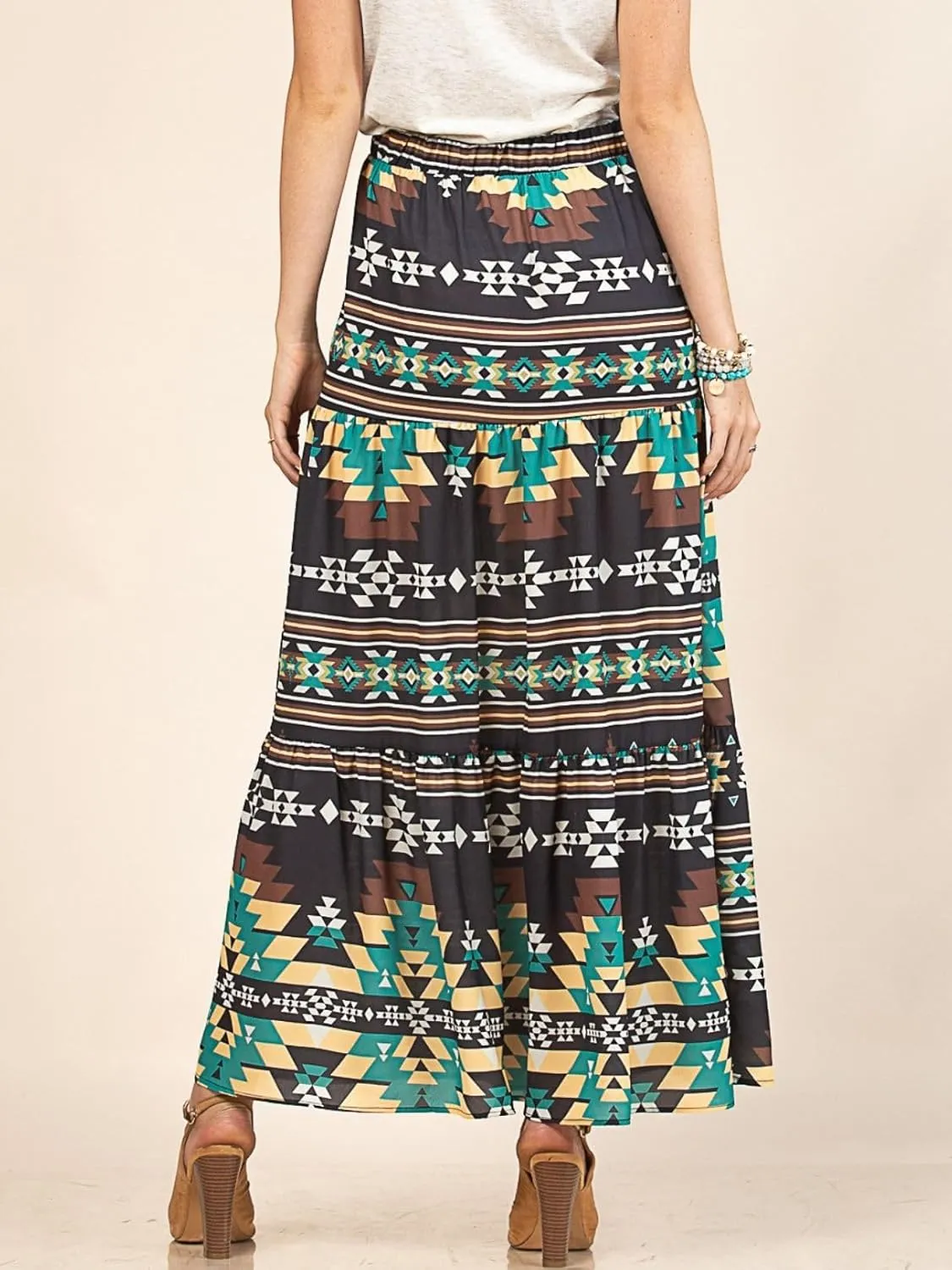 Womens Western Aztec Print Tiered Maxi Skirt Tribal Cowgirl Elastis Waist Skirt Dress