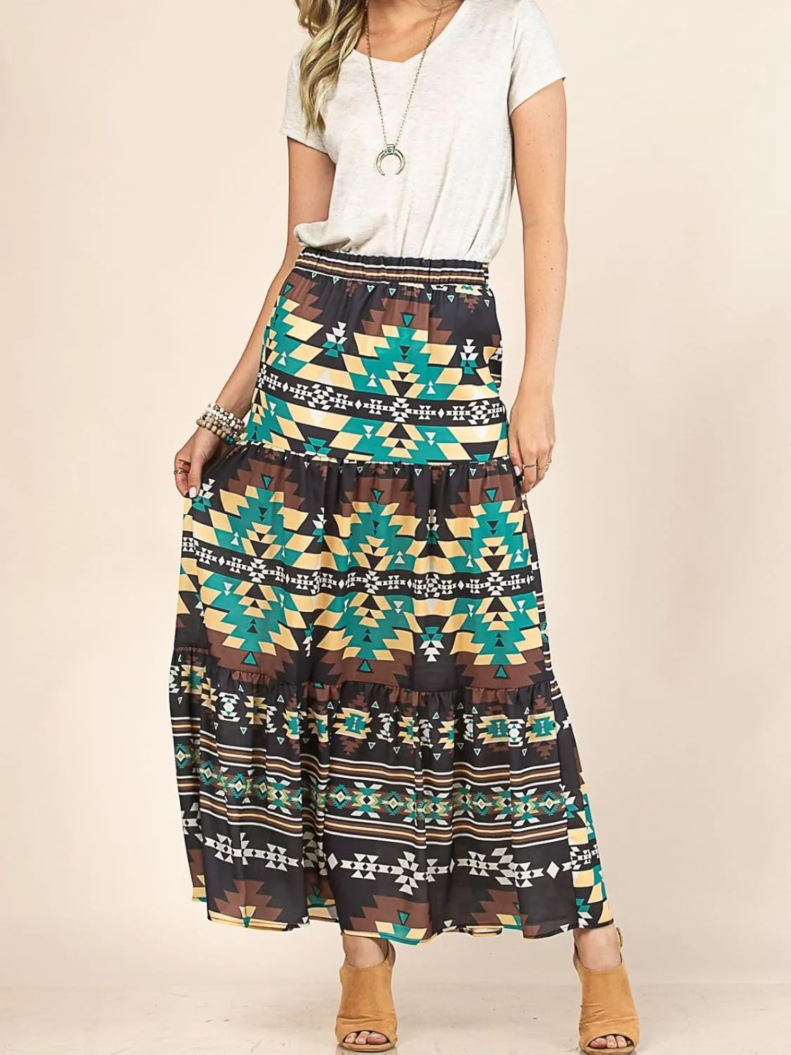 Womens Western Aztec Print Tiered Maxi Skirt Tribal Cowgirl Elastis Waist Skirt Dress