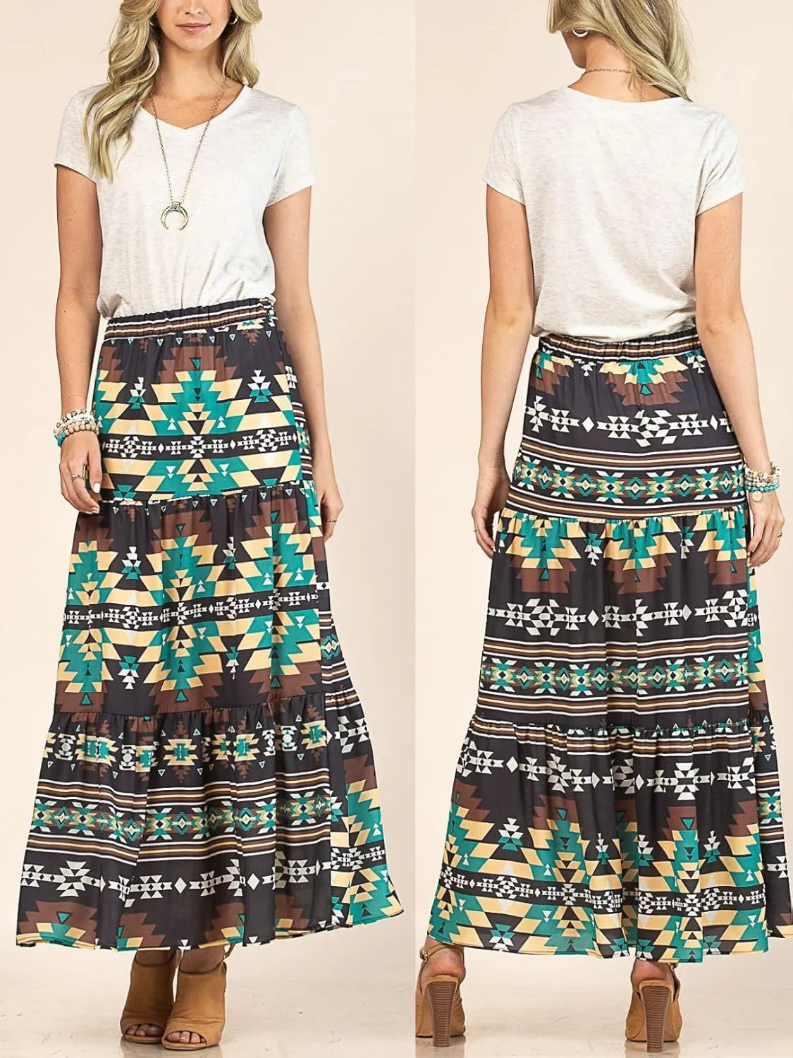 Womens Western Aztec Print Tiered Maxi Skirt Tribal Cowgirl Elastis Waist Skirt Dress