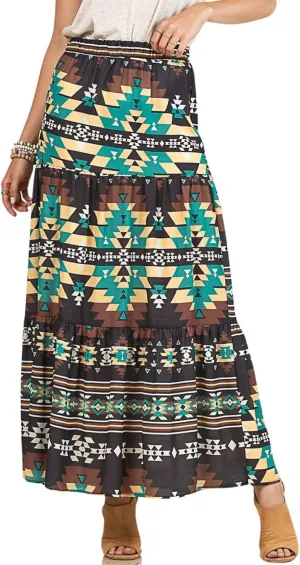 Womens Western Aztec Print Tiered Maxi Skirt Tribal Cowgirl Elastis Waist Skirt Dress