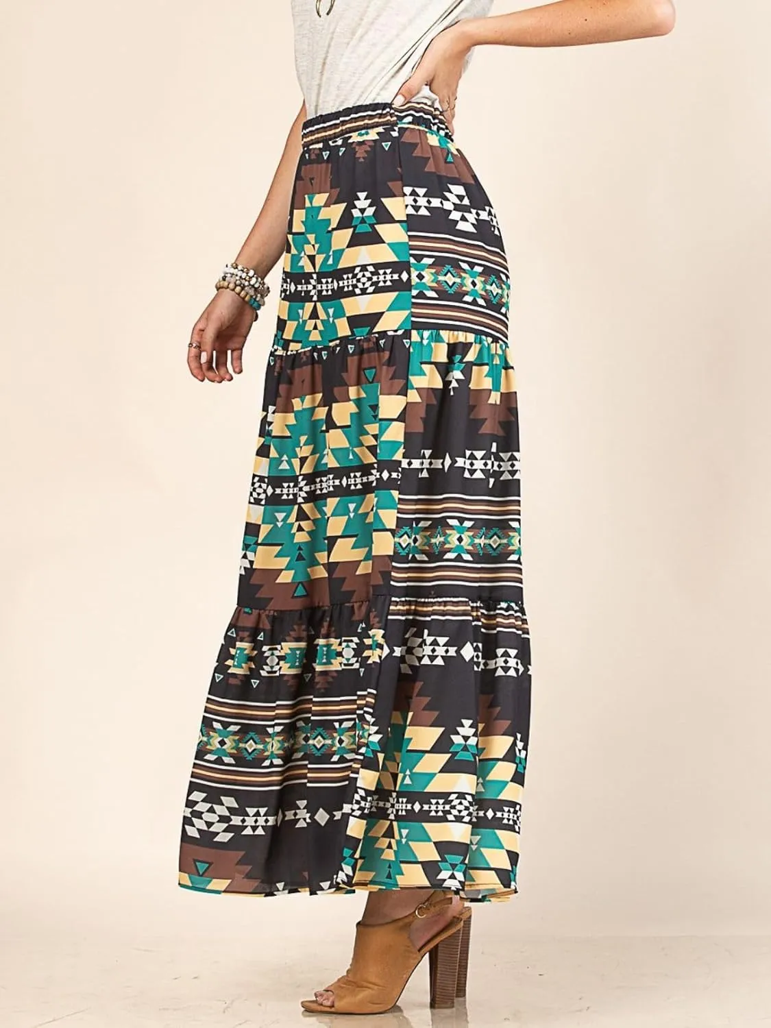Womens Western Aztec Print Tiered Maxi Skirt Tribal Cowgirl Elastis Waist Skirt Dress