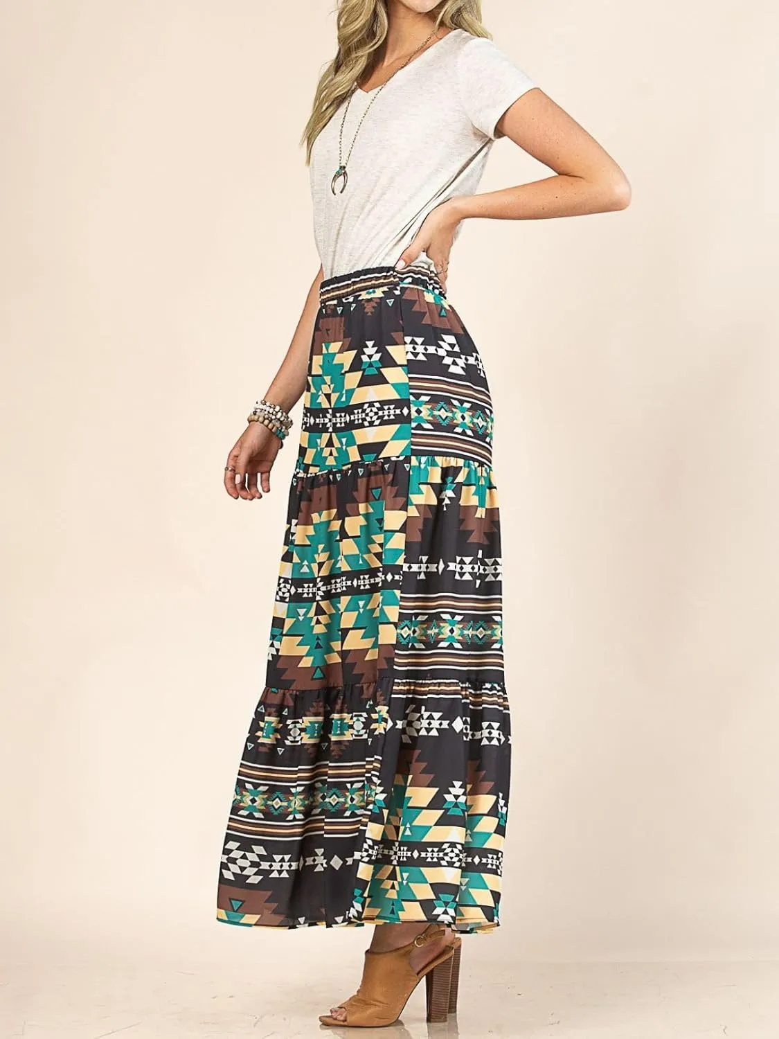 Womens Western Aztec Print Tiered Maxi Skirt Tribal Cowgirl Elastis Waist Skirt Dress