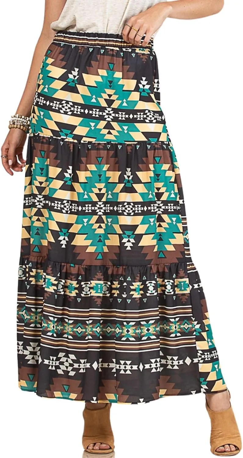 Womens Western Aztec Print Tiered Maxi Skirt Tribal Cowgirl Elastis Waist Skirt Dress