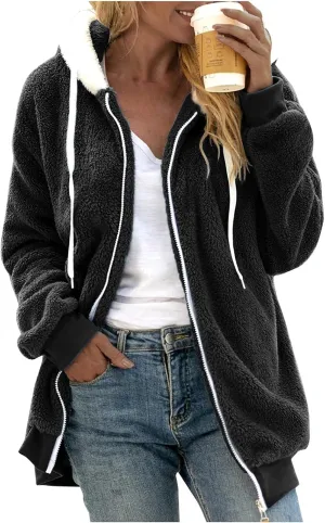 Womens Winter Fleece Jackets Plus Size Coats Oversized Zip Up Hoodies Lightweight Sherpa Jacket Warm Overcoats