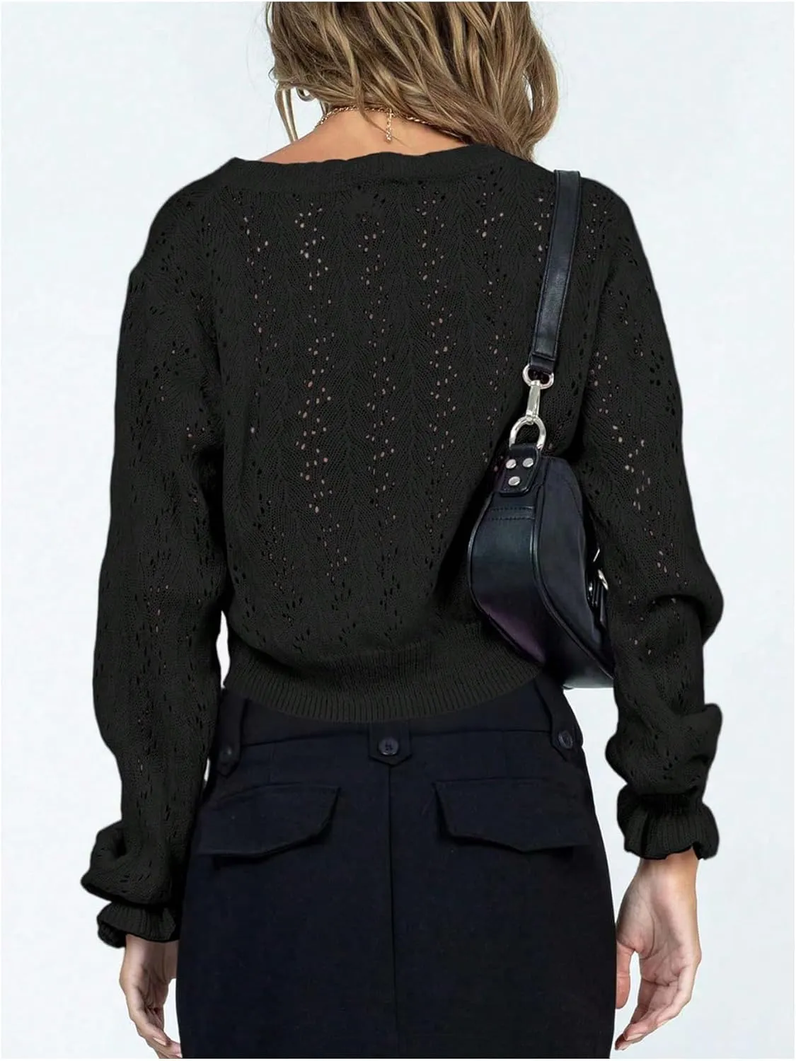Women's Y2K Cardigan Sweater Crochet Cardigan Hollow Out Sweater Ruffle Button Down Long Sleeve Knit Crop Cardigans