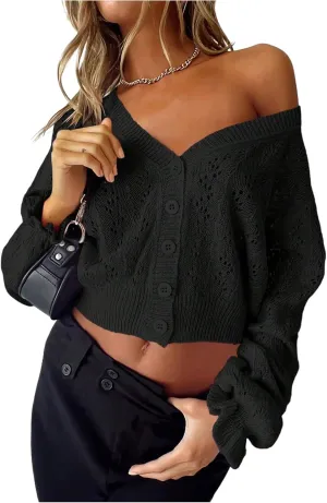 Women's Y2K Cardigan Sweater Crochet Cardigan Hollow Out Sweater Ruffle Button Down Long Sleeve Knit Crop Cardigans