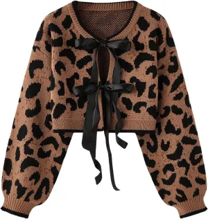 Women's Y2k Leopard Print Sweater Cardigans Bow Tie Front Crop Knit Cardigans Long Sleeve Crew Neck Cheetah Sweater