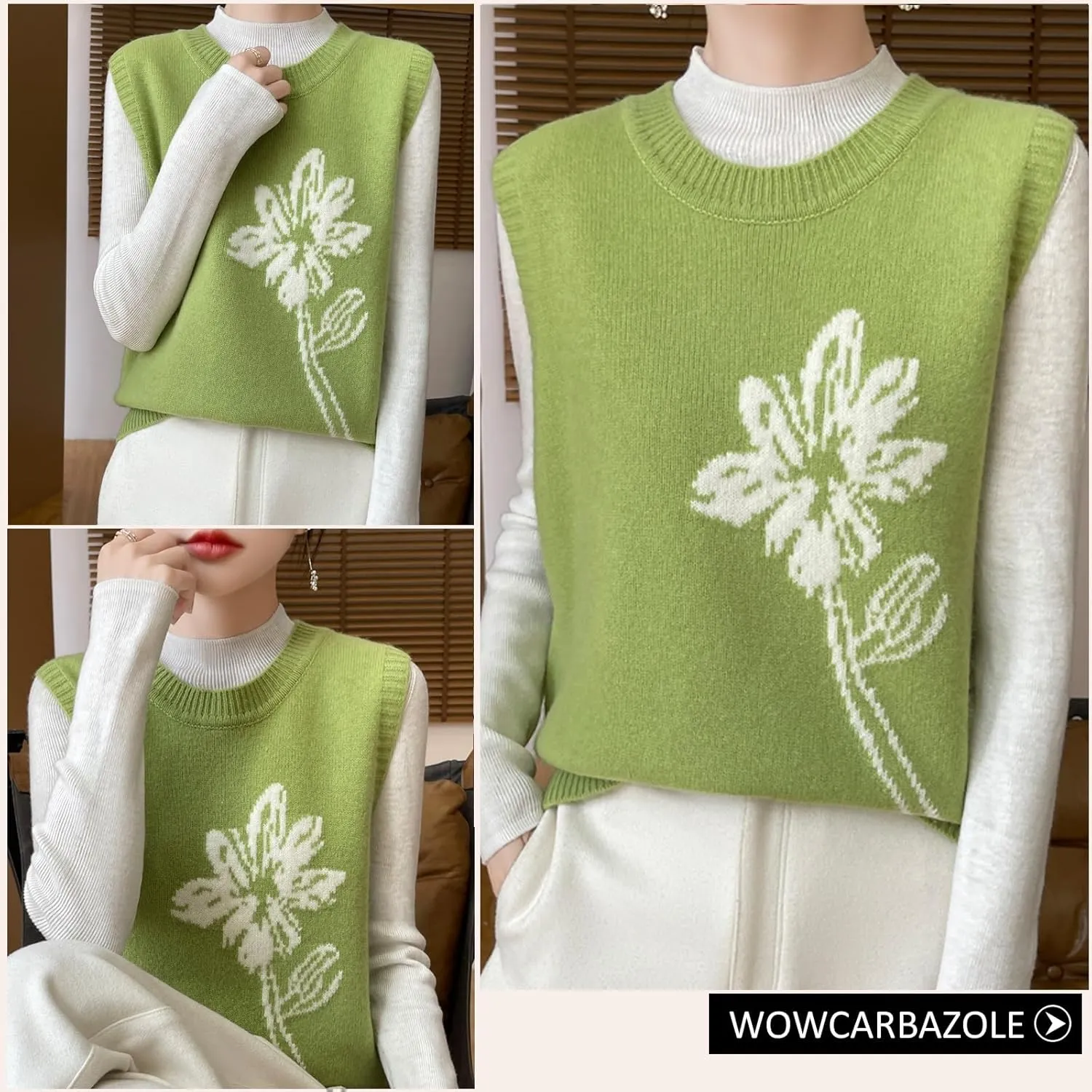 Wowcarbazole Women's Sweater Vest Crew Neck Sleeveless Ribbed Knitwear Casual Trendy Floral Knitted Vest Pullover Top