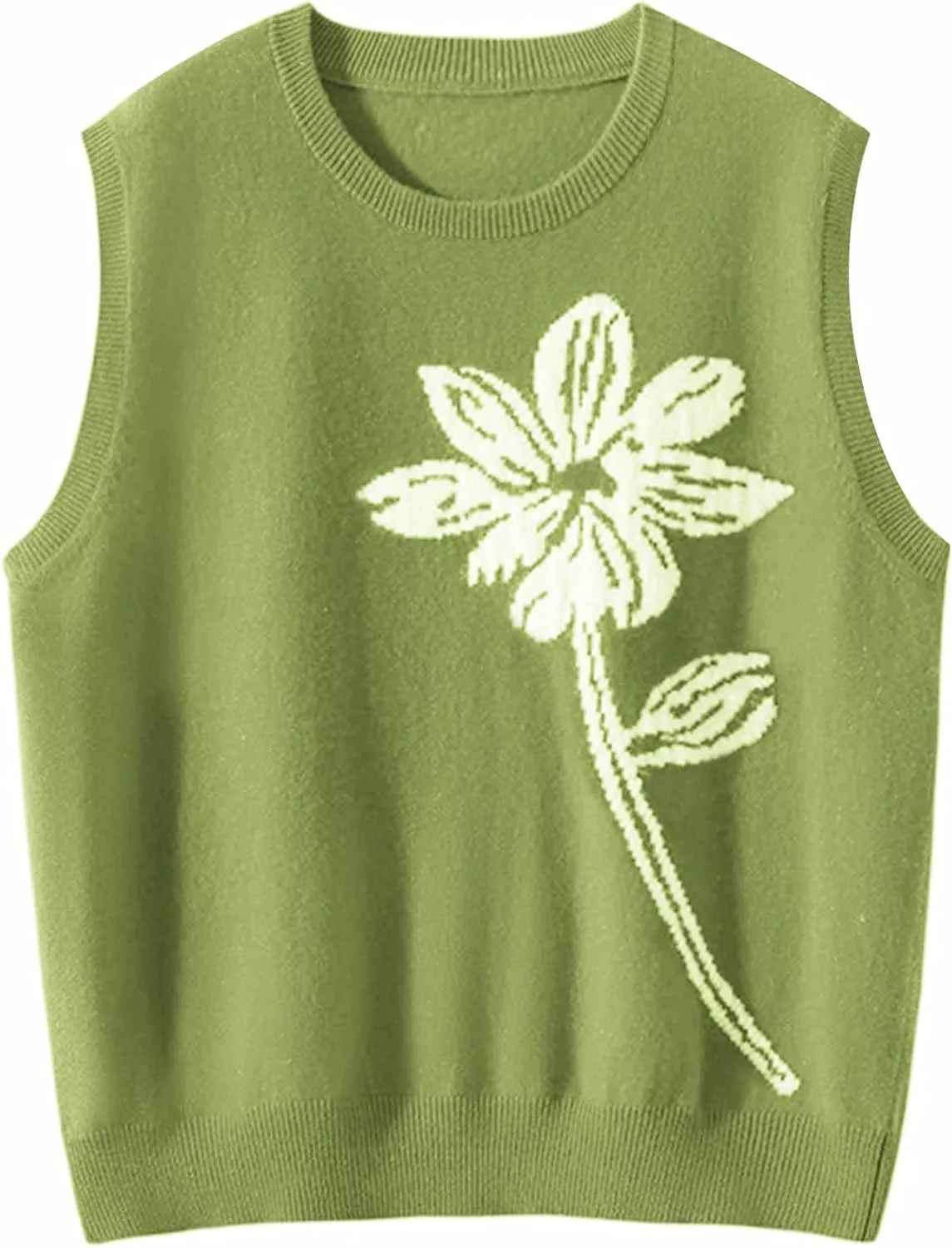 Wowcarbazole Women's Sweater Vest Crew Neck Sleeveless Ribbed Knitwear Casual Trendy Floral Knitted Vest Pullover Top