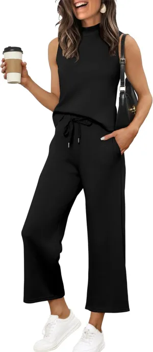 XIEERDUO Two Piece Sets for Women Summer Lounge Sets Beach Vacation Travel Outfits Casual Wide Leg Pants Matching Sets