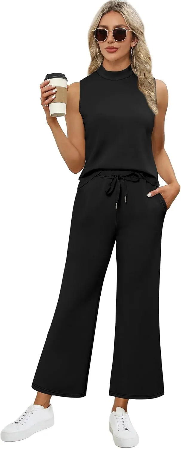 XIEERDUO Two Piece Sets for Women Summer Lounge Sets Beach Vacation Travel Outfits Casual Wide Leg Pants Matching Sets