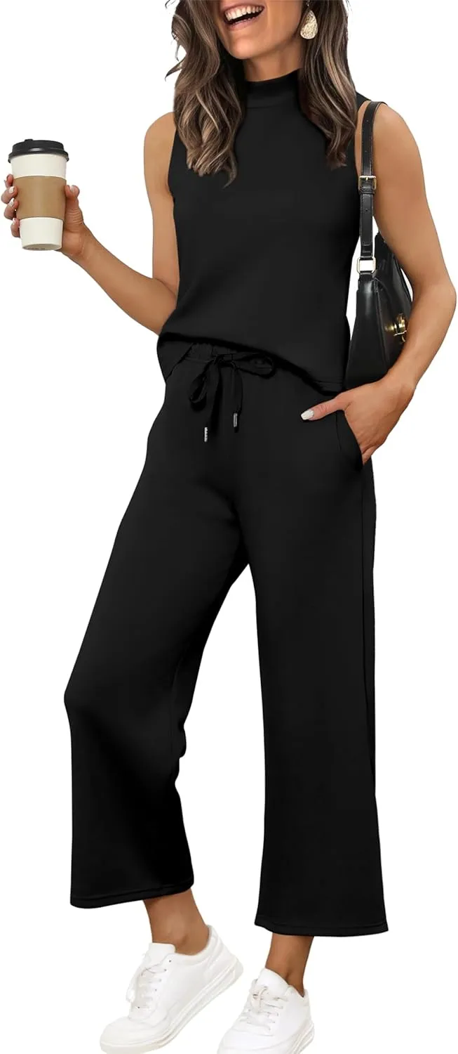 XIEERDUO Two Piece Sets for Women Summer Lounge Sets Beach Vacation Travel Outfits Casual Wide Leg Pants Matching Sets
