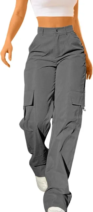 Y2K Cargo Pants for Women Teen Girl Baggy Elastic High Waisted Casual Parachute Pant Straight Leg Streetwear Trousers