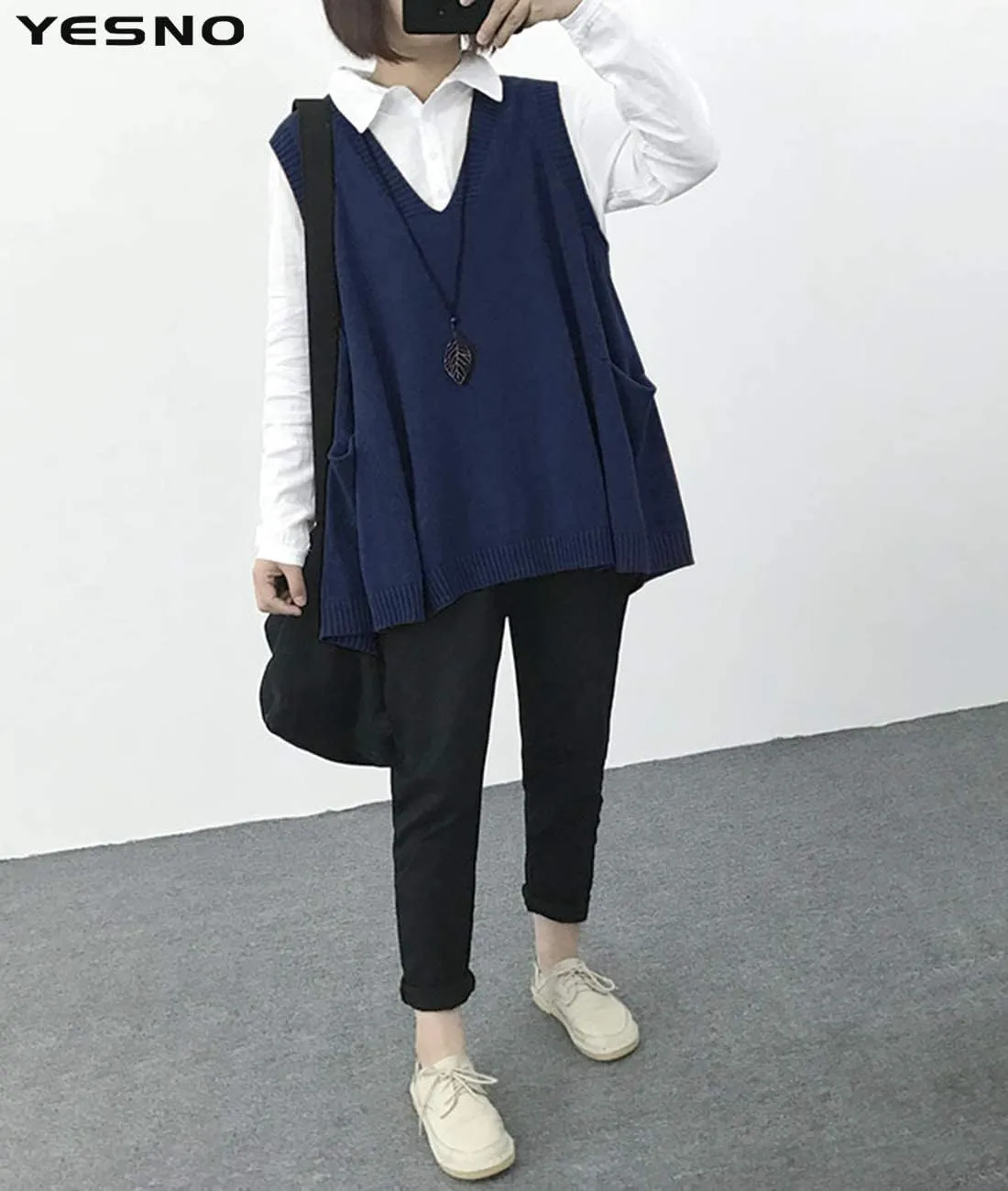 YESNO Sweater Vest Women Loose Swing Cotton Cute Oversized Knit Pullover Sleeveless Sweater Tops with Drop Pockets WM9