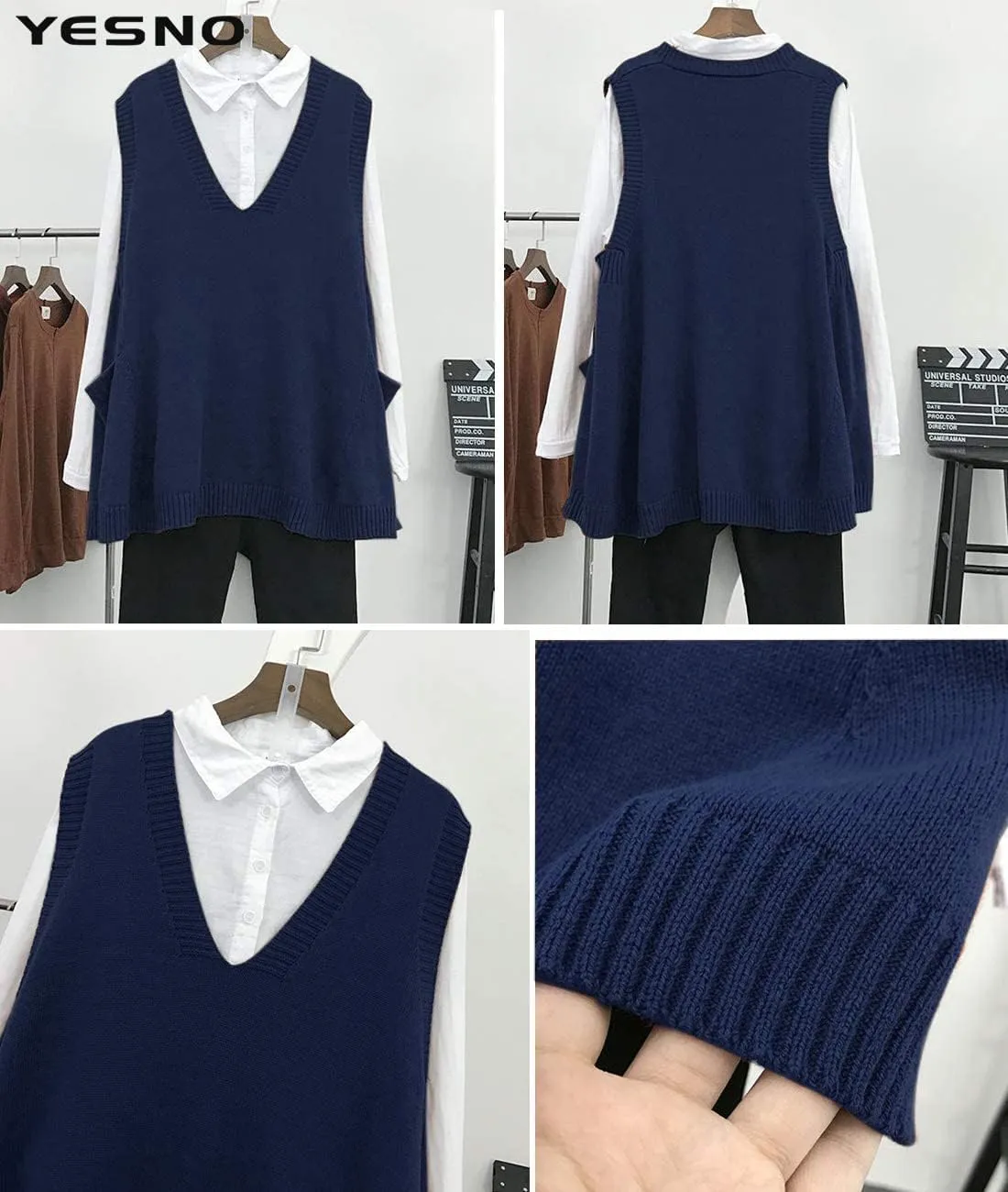 YESNO Sweater Vest Women Loose Swing Cotton Cute Oversized Knit Pullover Sleeveless Sweater Tops with Drop Pockets WM9