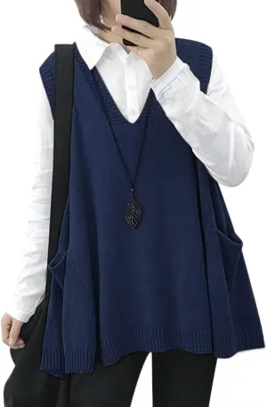 YESNO Sweater Vest Women Loose Swing Cotton Cute Oversized Knit Pullover Sleeveless Sweater Tops with Drop Pockets WM9