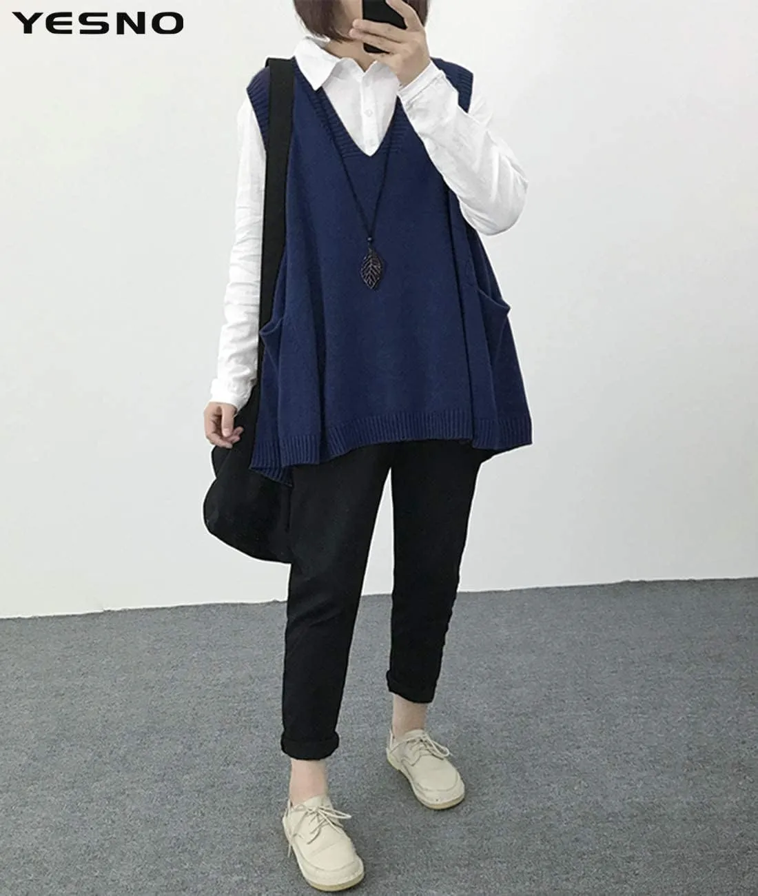 YESNO Sweater Vest Women Loose Swing Cotton Cute Oversized Knit Pullover Sleeveless Sweater Tops with Drop Pockets WM9