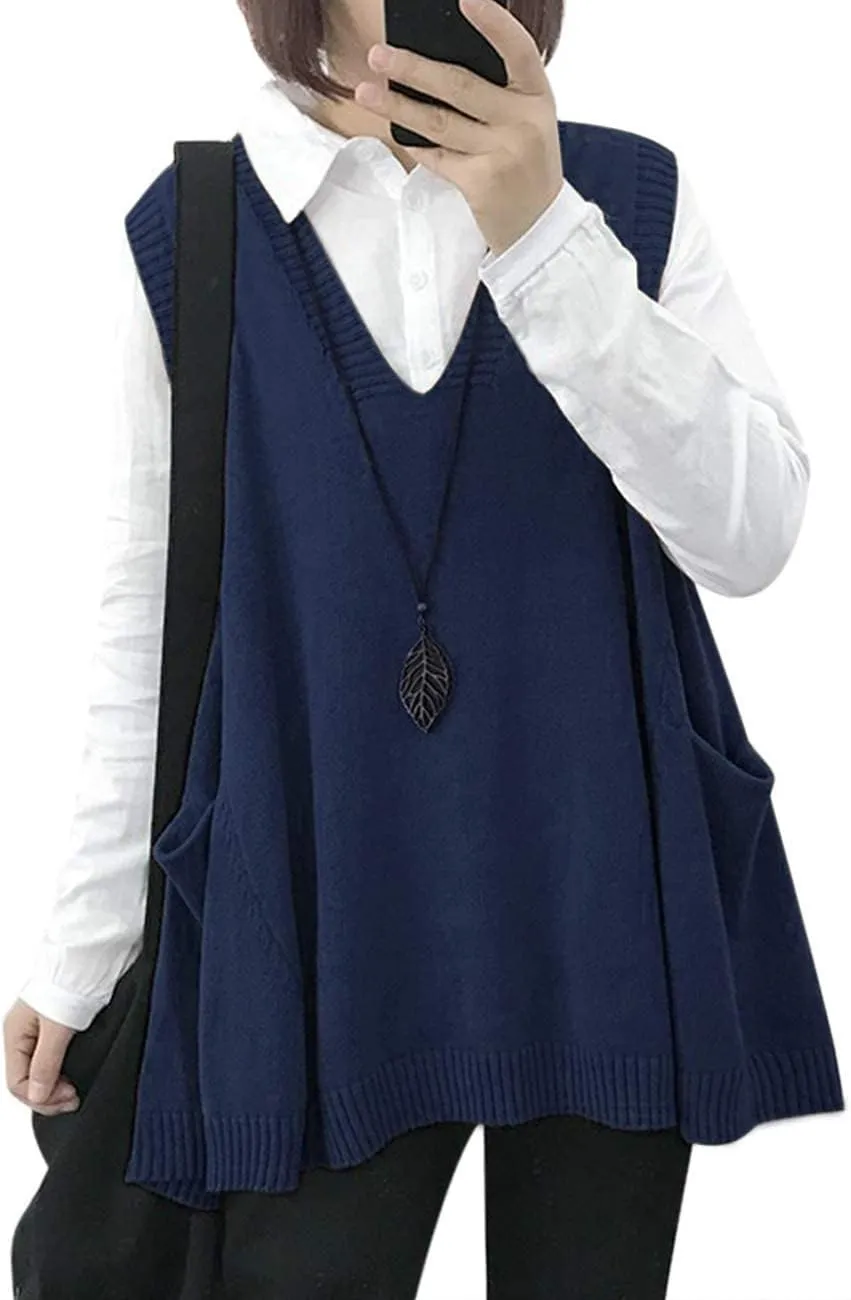 YESNO Sweater Vest Women Loose Swing Cotton Cute Oversized Knit Pullover Sleeveless Sweater Tops with Drop Pockets WM9