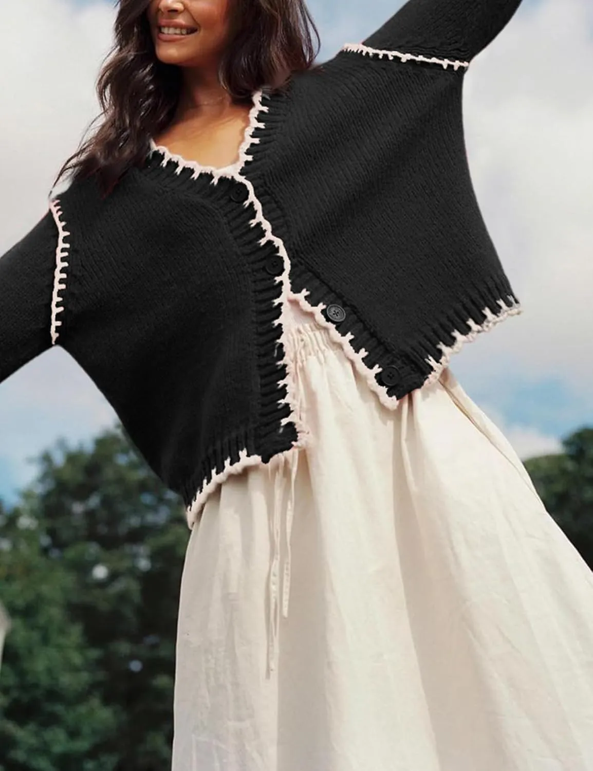 Yimoon Chunky Cardigan Sweater for Women Contrast Stitching V Neck Long Sleeve Button Down Loose Fall Knitted Sweater