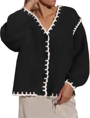 Yimoon Chunky Cardigan Sweater for Women Contrast Stitching V Neck Long Sleeve Button Down Loose Fall Knitted Sweater