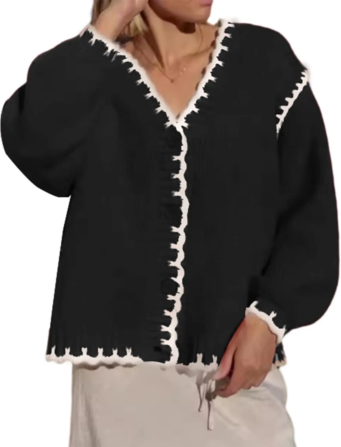 Yimoon Chunky Cardigan Sweater for Women Contrast Stitching V Neck Long Sleeve Button Down Loose Fall Knitted Sweater