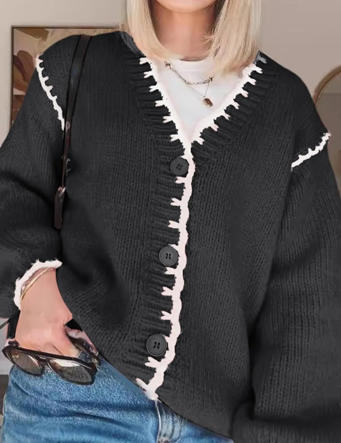Yimoon Chunky Cardigan Sweater for Women Contrast Stitching V Neck Long Sleeve Button Down Loose Fall Knitted Sweater