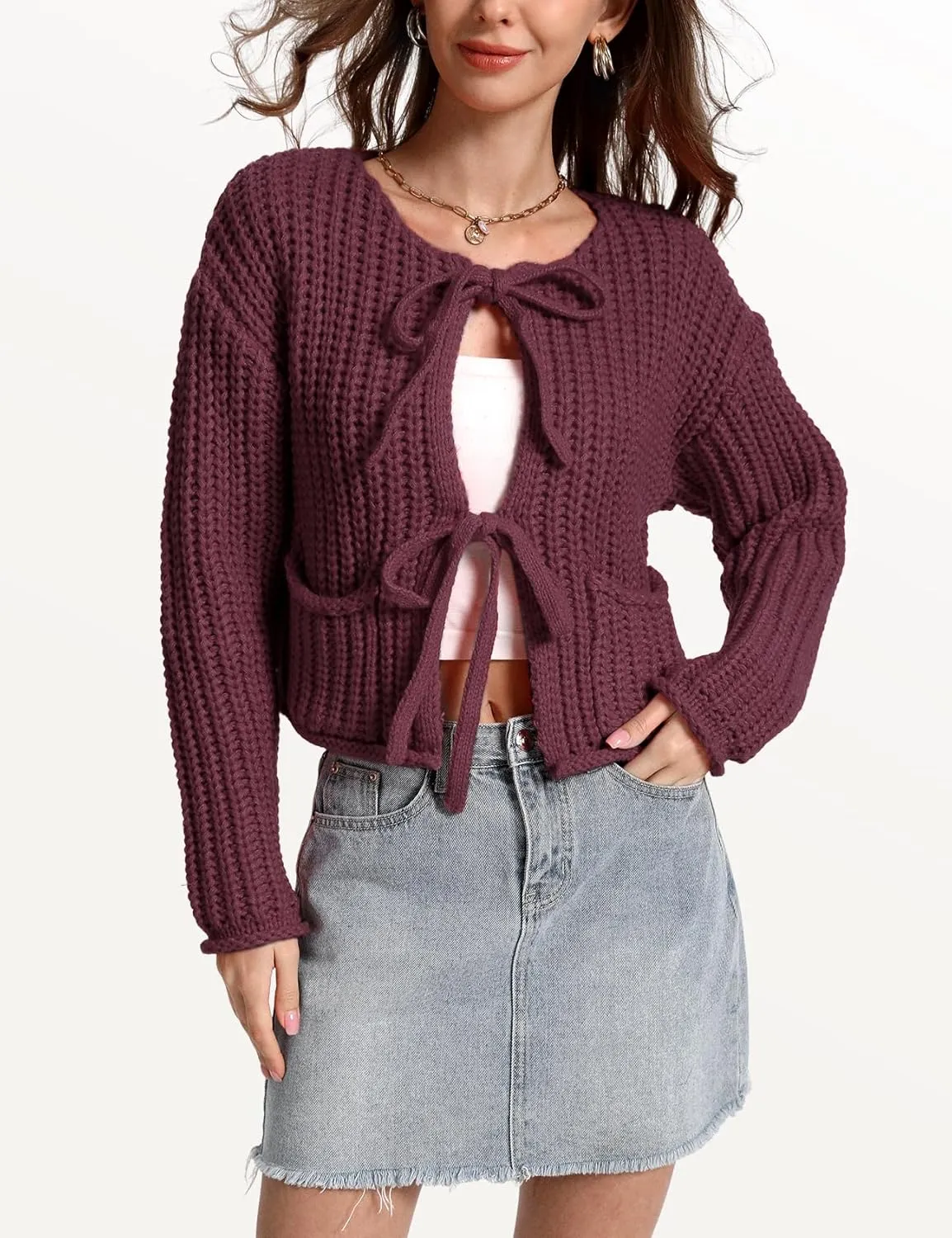 Yimoon Womens Tie Front Chunky Cardigan Sweater Cropped Long Sleeve Open Front Cardigan Knit Trendy Sweater Tops