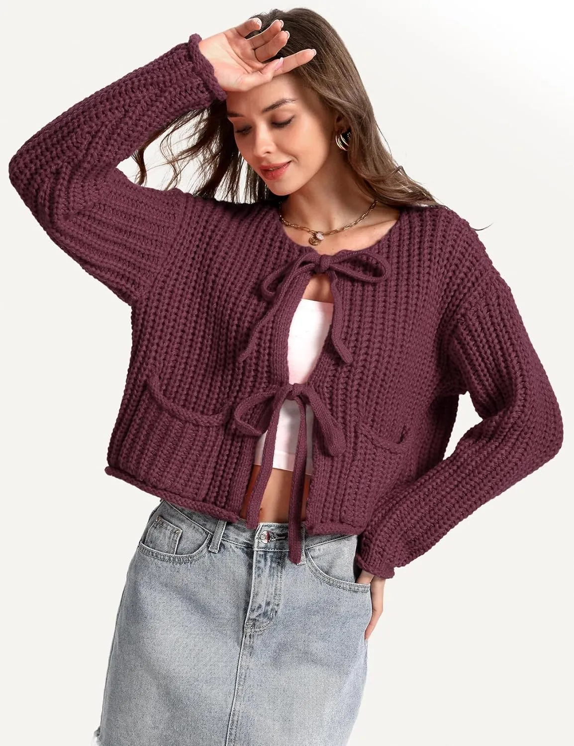 Yimoon Womens Tie Front Chunky Cardigan Sweater Cropped Long Sleeve Open Front Cardigan Knit Trendy Sweater Tops