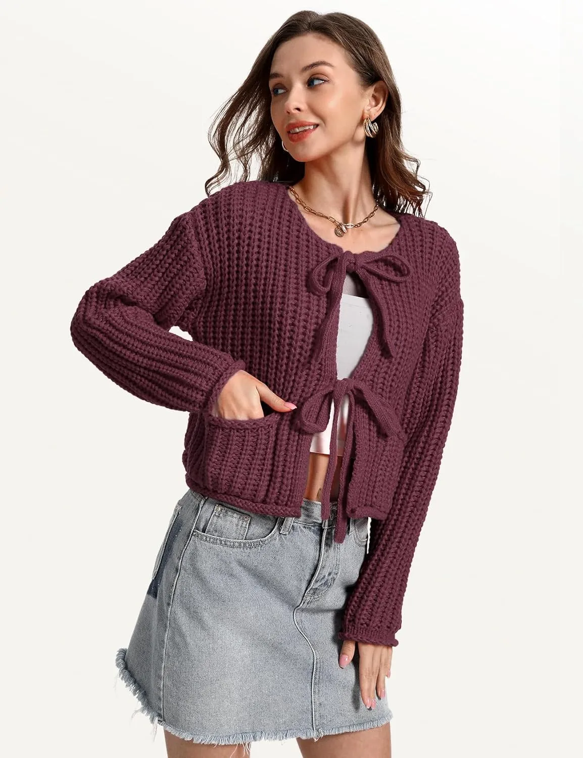 Yimoon Womens Tie Front Chunky Cardigan Sweater Cropped Long Sleeve Open Front Cardigan Knit Trendy Sweater Tops