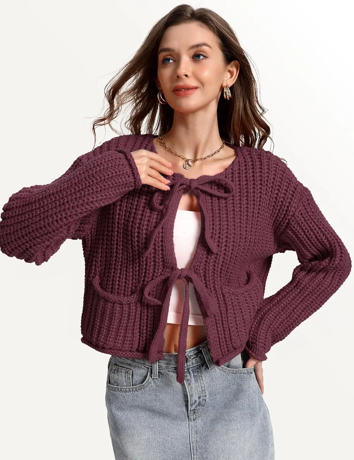 Yimoon Womens Tie Front Chunky Cardigan Sweater Cropped Long Sleeve Open Front Cardigan Knit Trendy Sweater Tops