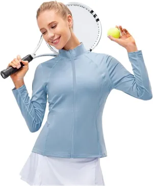 Yoga Jacket Women Sports Jacket Slim Fit Long Sleeved Fitness Shirts Quick Dry Yoga Crop Tops Zip Running Coat(Light Blue,S)