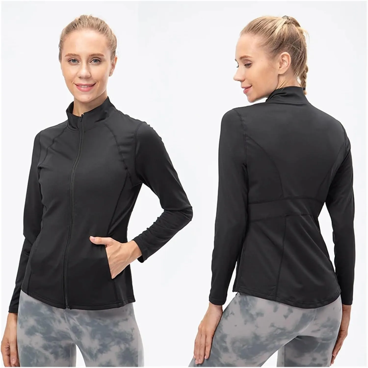 Yoga Jacket Women Sports Jacket Slim Fit Long Sleeved Fitness Shirts Quick Dry Yoga Crop Tops Zip Running Coat(Light Blue,S)