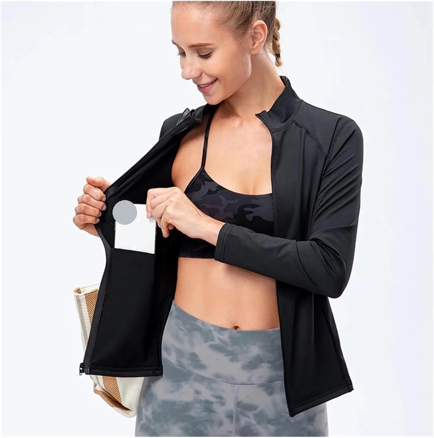 Yoga Jacket Women Sports Jacket Slim Fit Long Sleeved Fitness Shirts Quick Dry Yoga Crop Tops Zip Running Coat(Light Blue,S)