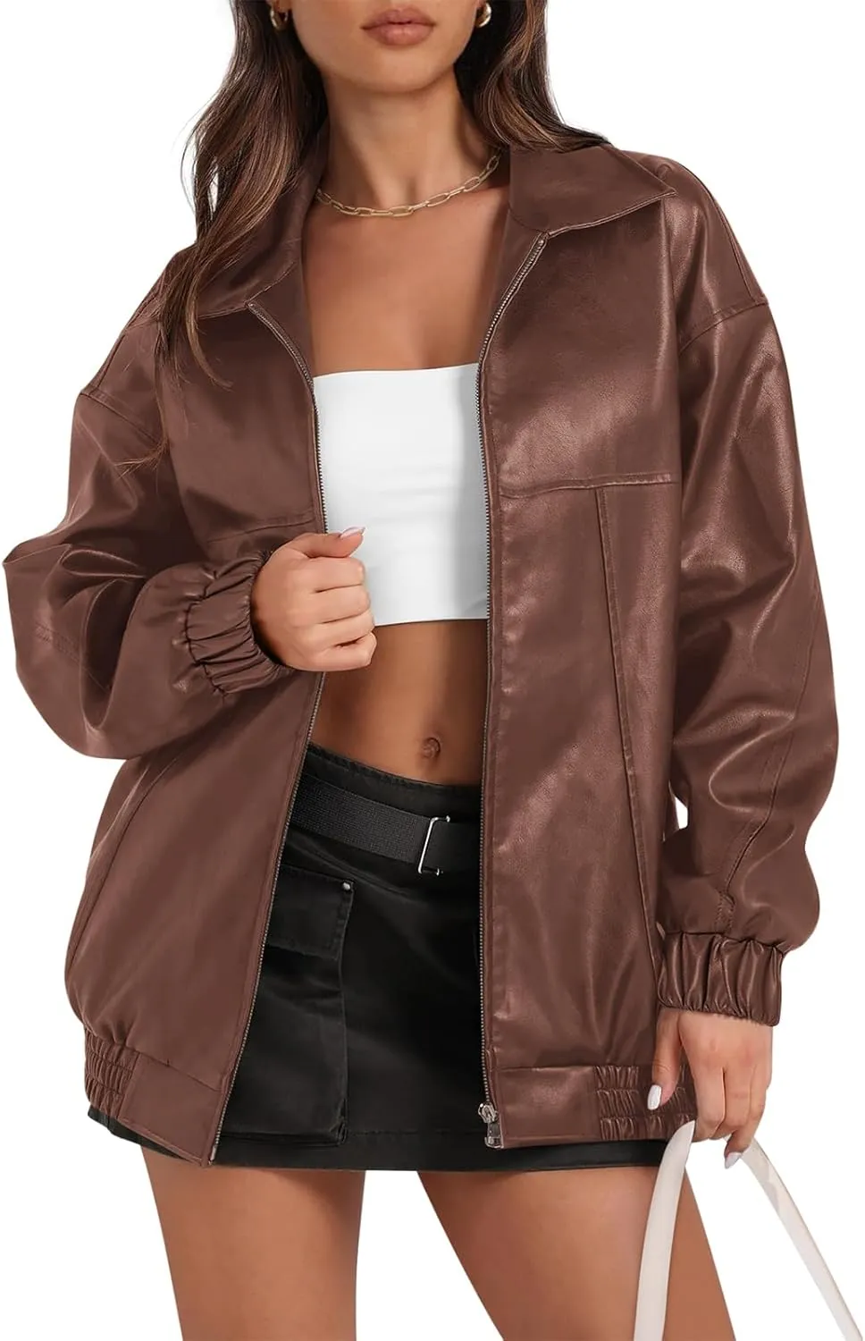 Yousify Womens Leather Jacket Oversized Faux Casual Zip Up Bomber Motorcycle Jackect Trendy Fall Winter Clothes S-XXL