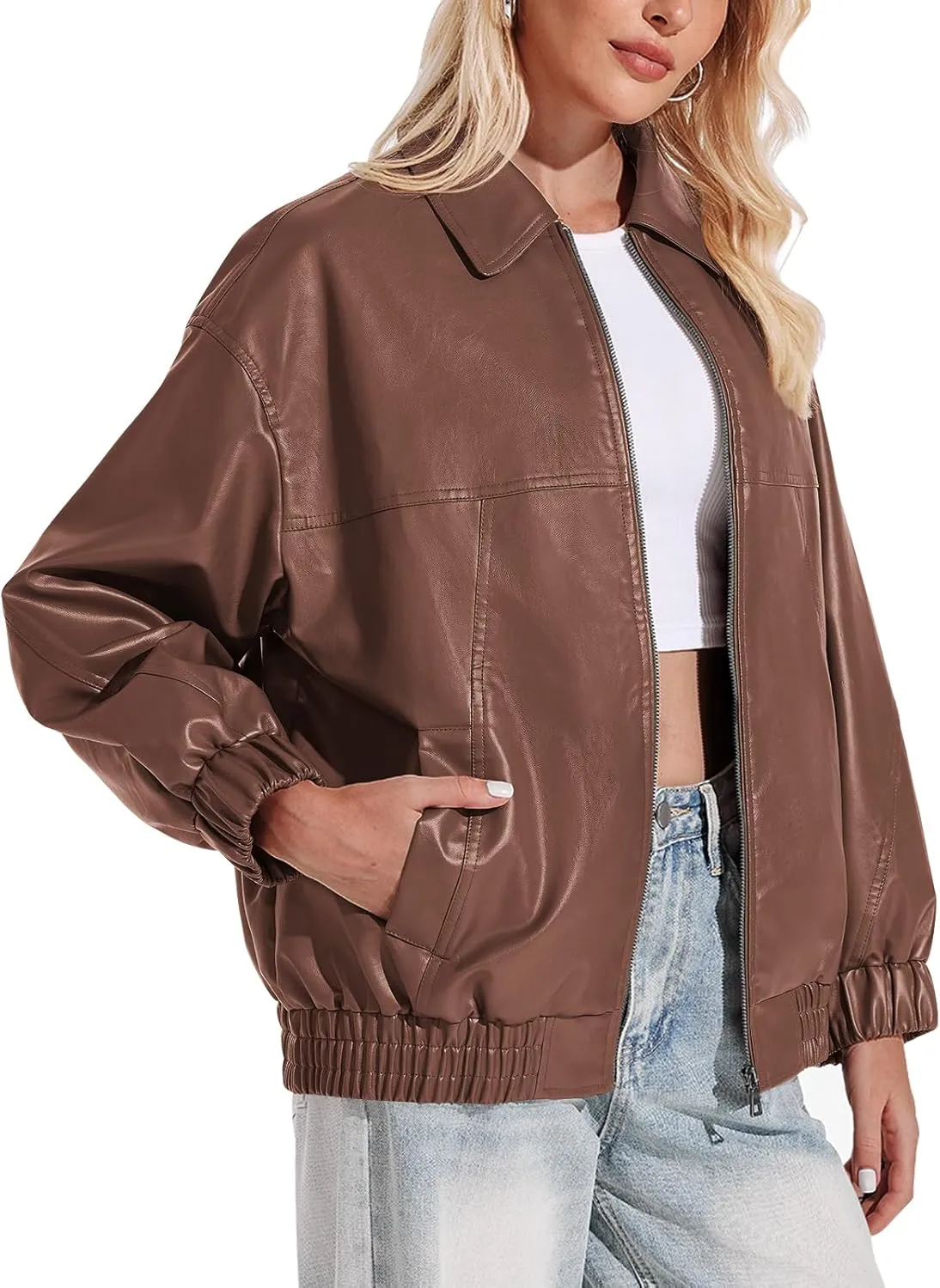 Yousify Womens Leather Jacket Oversized Faux Casual Zip Up Bomber Motorcycle Jackect Trendy Fall Winter Clothes S-XXL