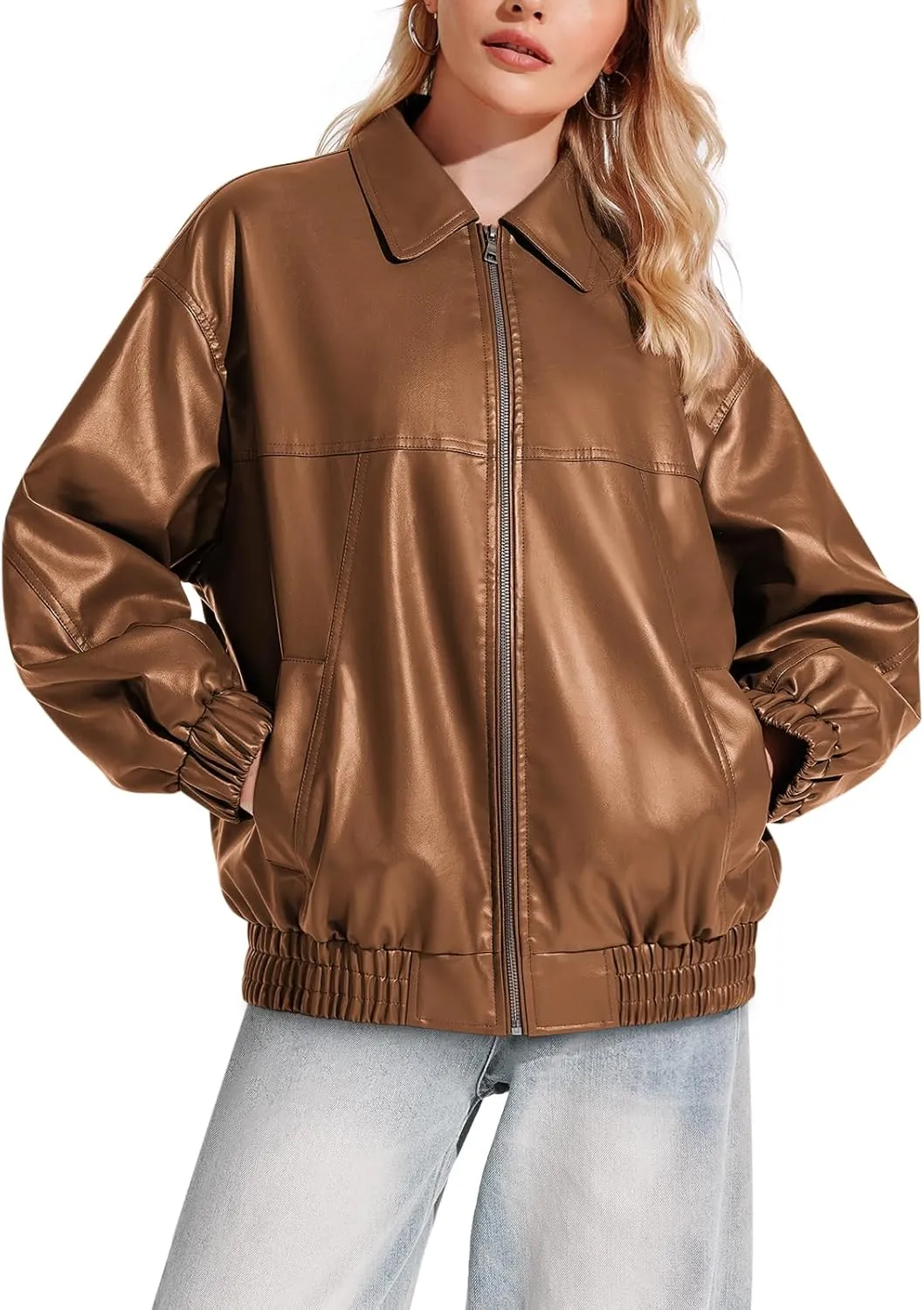 Yousify Womens Leather Jacket Oversized Faux Casual Zip Up Bomber Motorcycle Jackect Trendy Fall Winter Clothes S-XXL